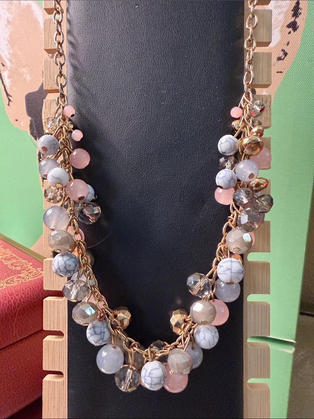 CHICO’S Long Aqua Blue Faceted Beaded Station Gold Tone Chain Statement Necklace
